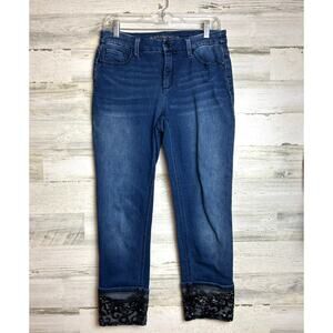 Chico’s Women’s S So Slimming Ankle Jeans Blue Denim Black Lace Sequin Cuff Zip